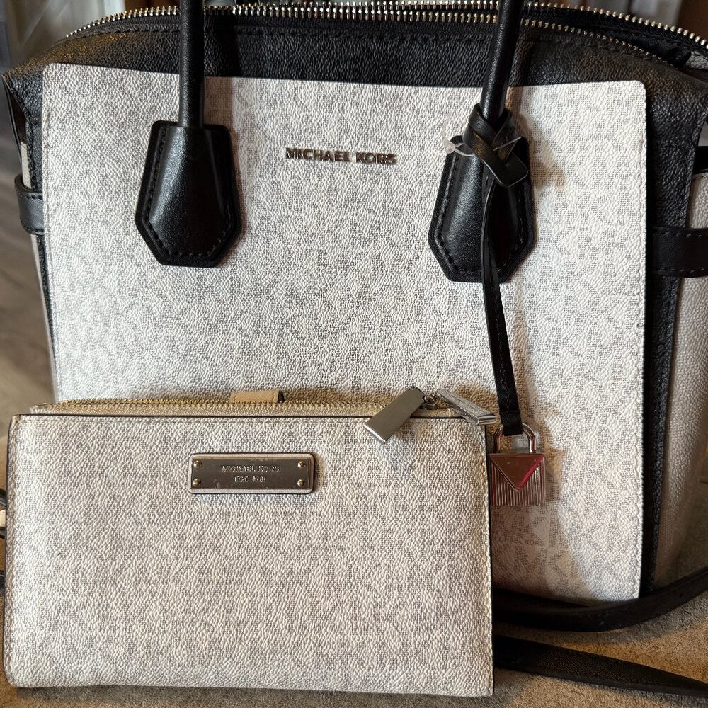 Michael Kors Mercer Medium Top Zip Belted Satchel and Jet double zip wristlet